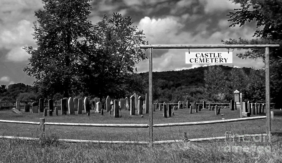 Black And White Photograph - Castle Cemetery in Jericho Vermont by James Aiken