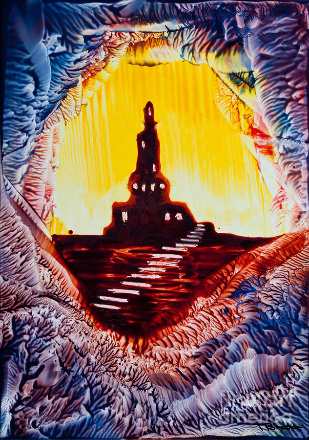 Castle rock silhouette painting in wax Painting by Simon Bratt