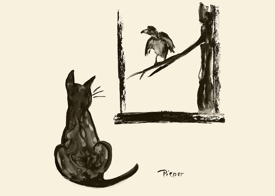 Cat and Bird Painting by Betty Pieper