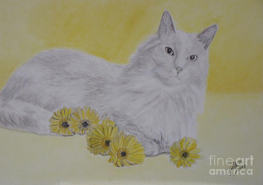 Cat and Daisies Painting by Cybele Chaves