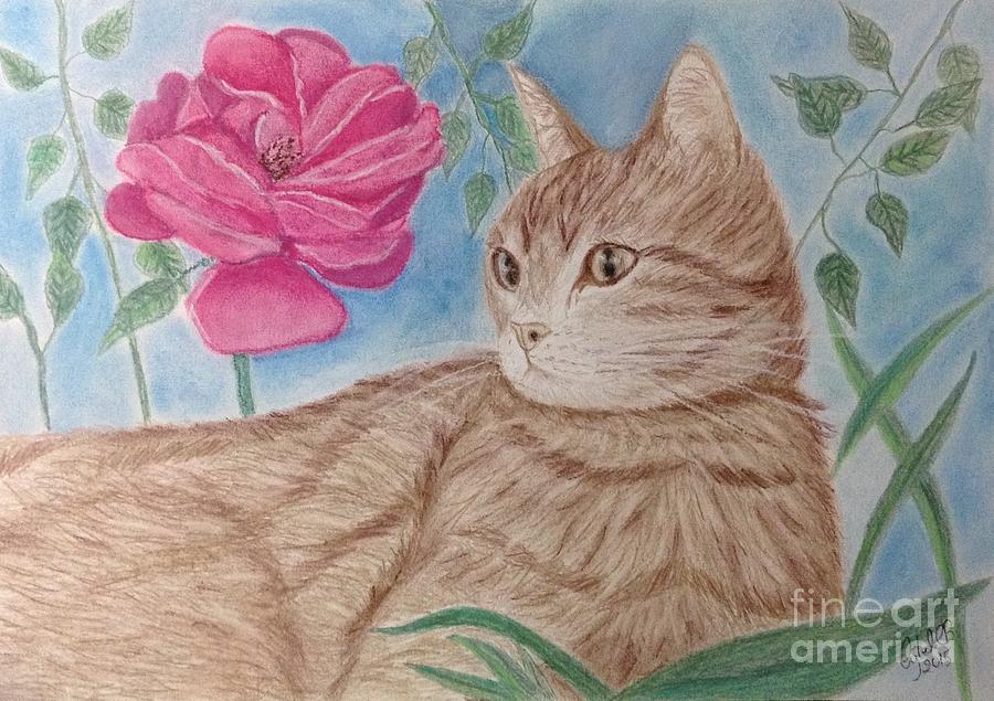 Cat and Flower Mixed Media by Cybele Chaves