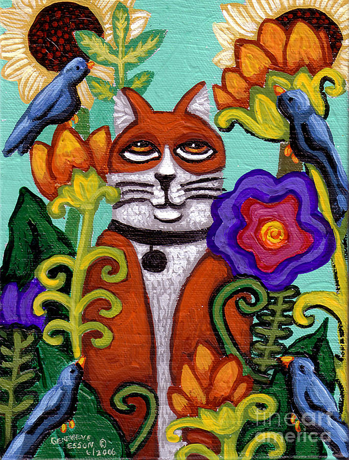 Bird Painting - Cat and Four Birds by Genevieve Esson