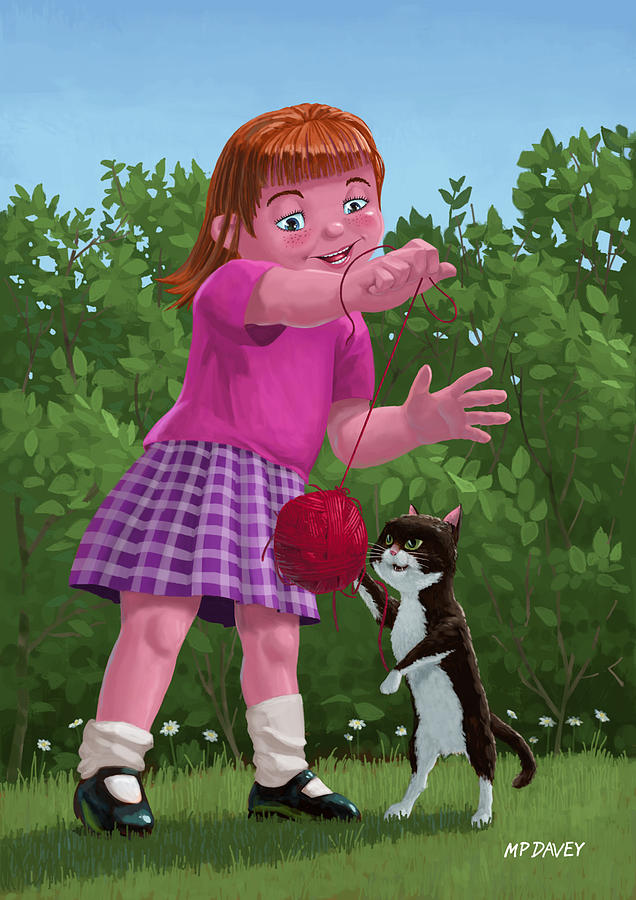 Cat And Girl Playing Painting by Martin Davey