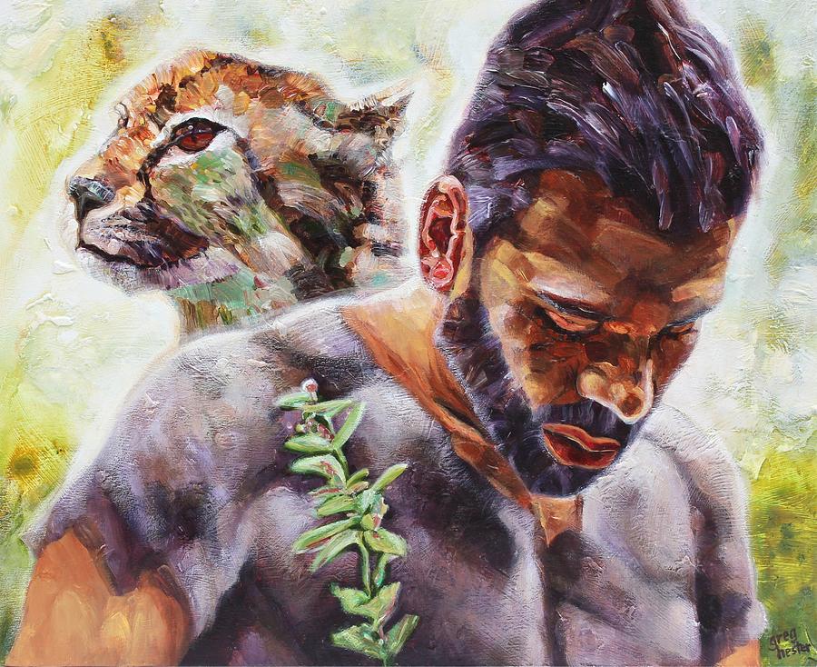 Cat and man two Painting by Greg Hester