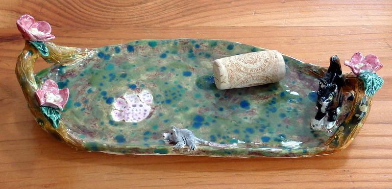 Nature Sculpture - cat and mouse tray with dogwood flowers hand built in USA  by Debbie Limoli