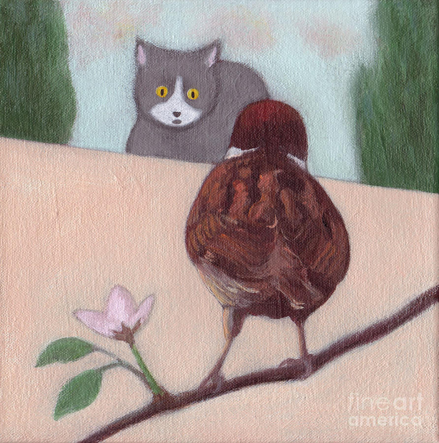 Cat and Sparrow  Painting by Kazumi Whitemoon