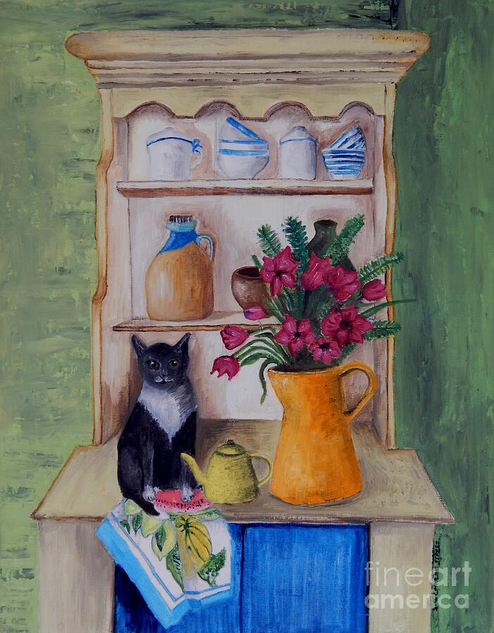 Teapot Painting - Cat and the Yellow Teapot by Caroline Street