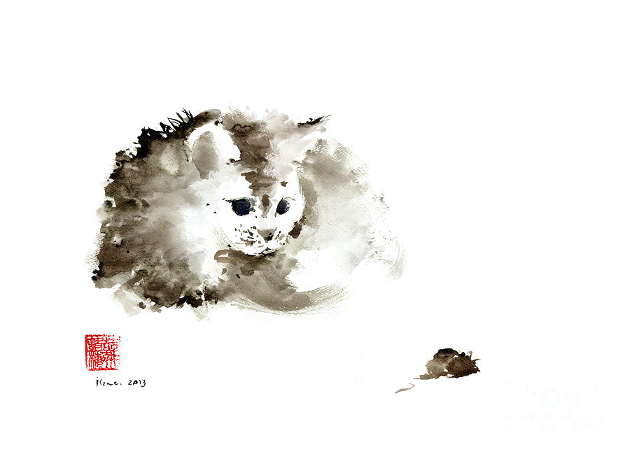 Animal Painting - CAT Brown Grey Black Mouse Kitten Play Animal Animals Pet Pets watercolor painting by Mariusz Szmerdt