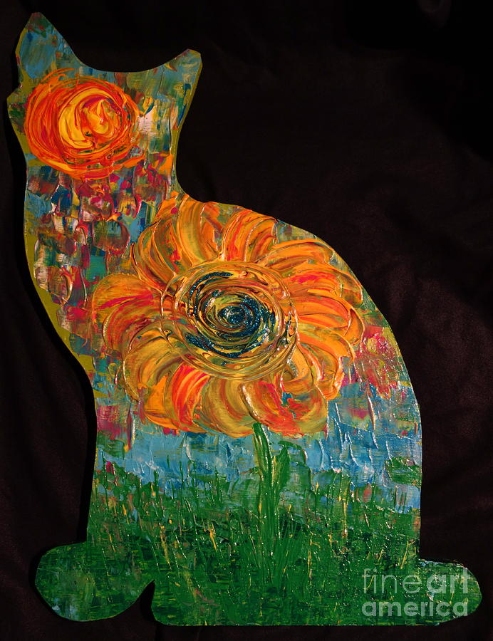 Cat Cut-out With Flower Painting by Jacqueline Athmann