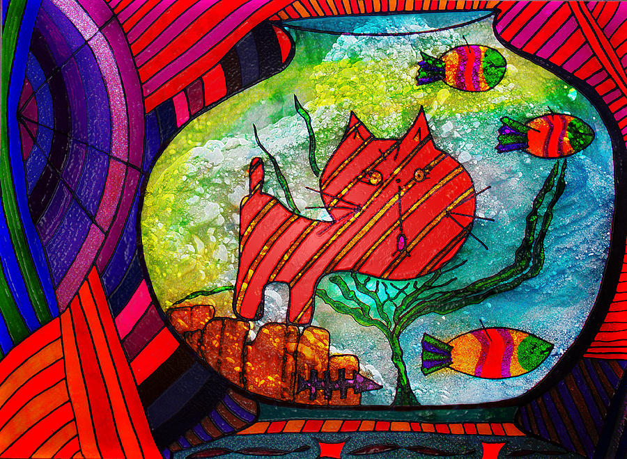 Cat In A Fish Bowl - Caught - Abstract Painting by Marie Jamieson