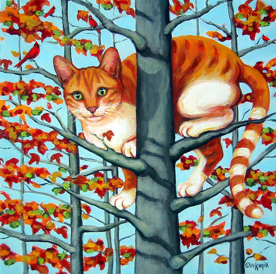 Orange Cat in Tree Autumn Fall Colors Painting by Rebecca Korpita