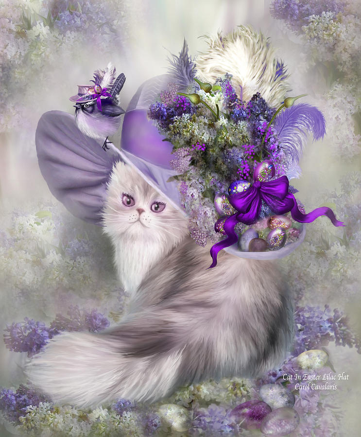 Cat In Easter Lilac Hat Mixed Media by Carol Cavalaris