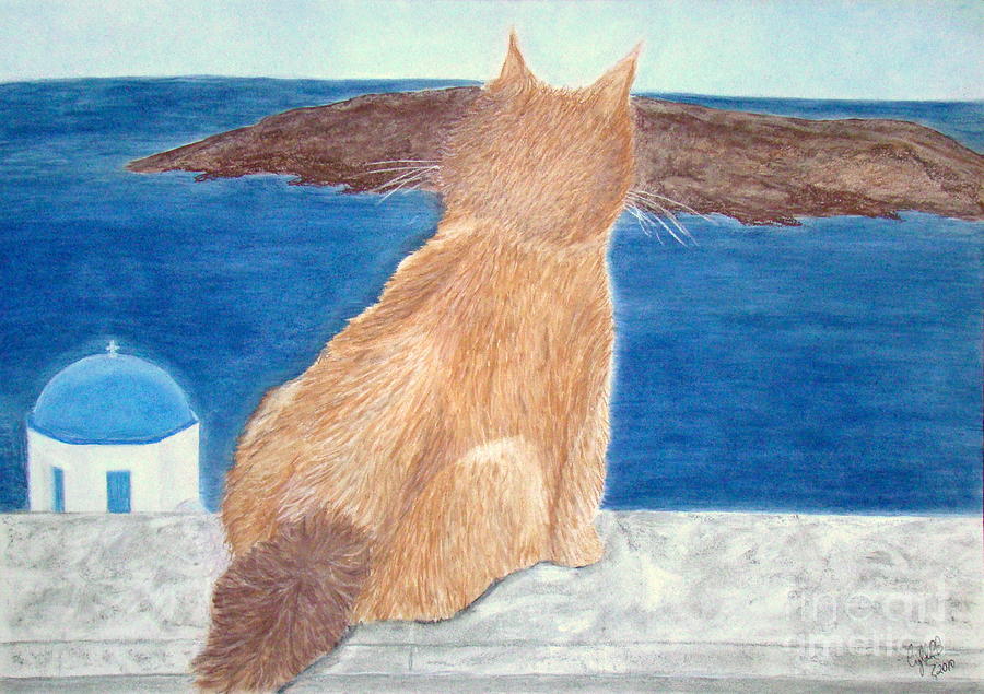 Cat in Santorini Painting by Cybele Chaves