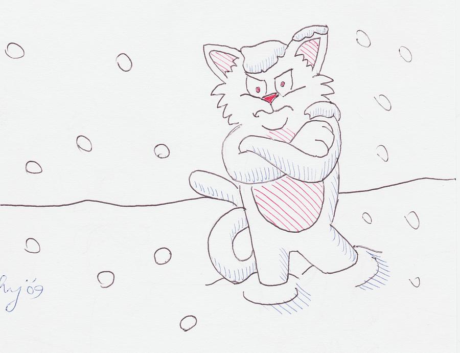 Cat In The Snow Cartoon Drawing by Mike Jory