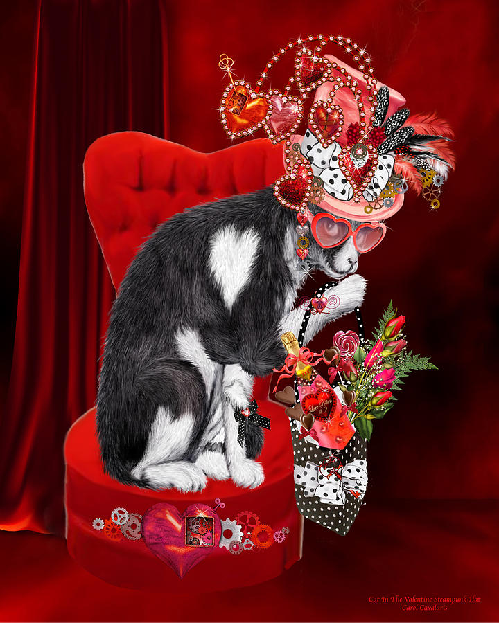 Cat Mixed Media - Cat In The Valentine Steam Punk Hat by Carol Cavalaris