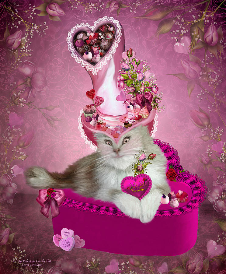 Cat In Valentine Candy Hat Mixed Media by Carol Cavalaris
