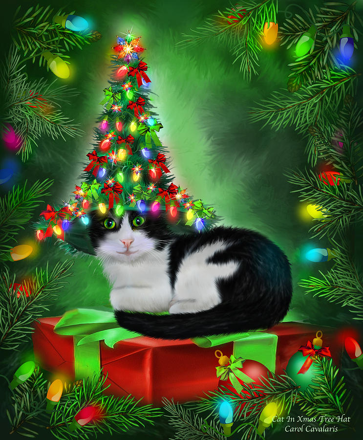 Cat In Xmas Tree Hat Mixed Media by Carol Cavalaris