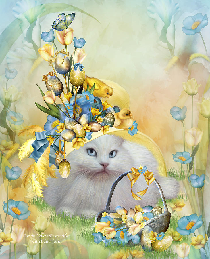 Cat In Yellow Easter Hat Mixed Media by Carol Cavalaris