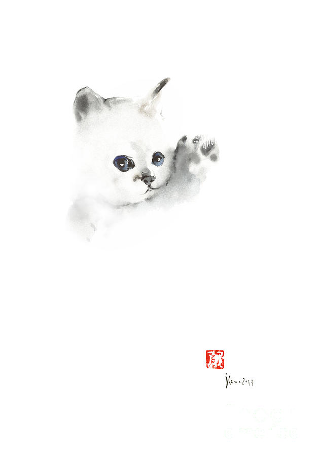 Animal Painting - CAT Kitten Pure Animal Grey White Blue Delicate Cute Fun Animals Pet watercolor painting by Mariusz Szmerdt