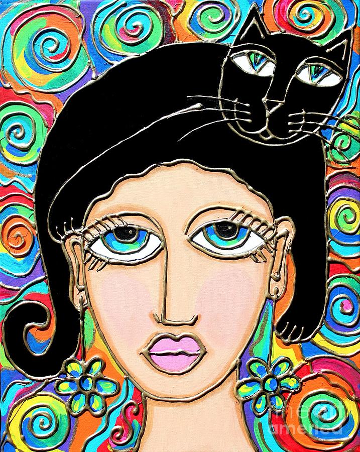 Cat Lady with Black Hair Painting by Cynthia Snyder