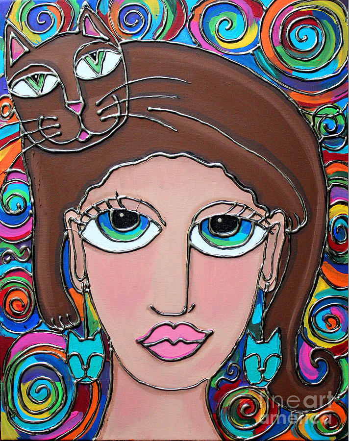 Cat Painting - Cat Lady with Brown Hair by Cynthia Snyder