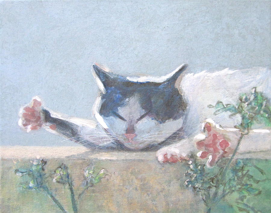 Cat with Geraniums  Painting by Kazumi Whitemoon