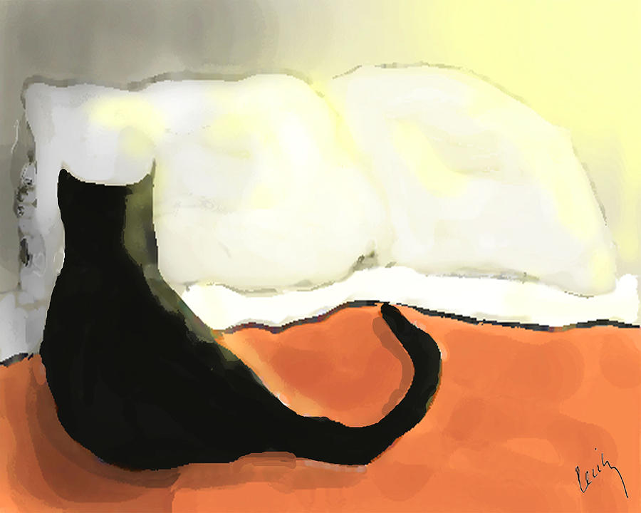 Black Cat Painting - Cat on Orange Bed by Cecily Mitchell
