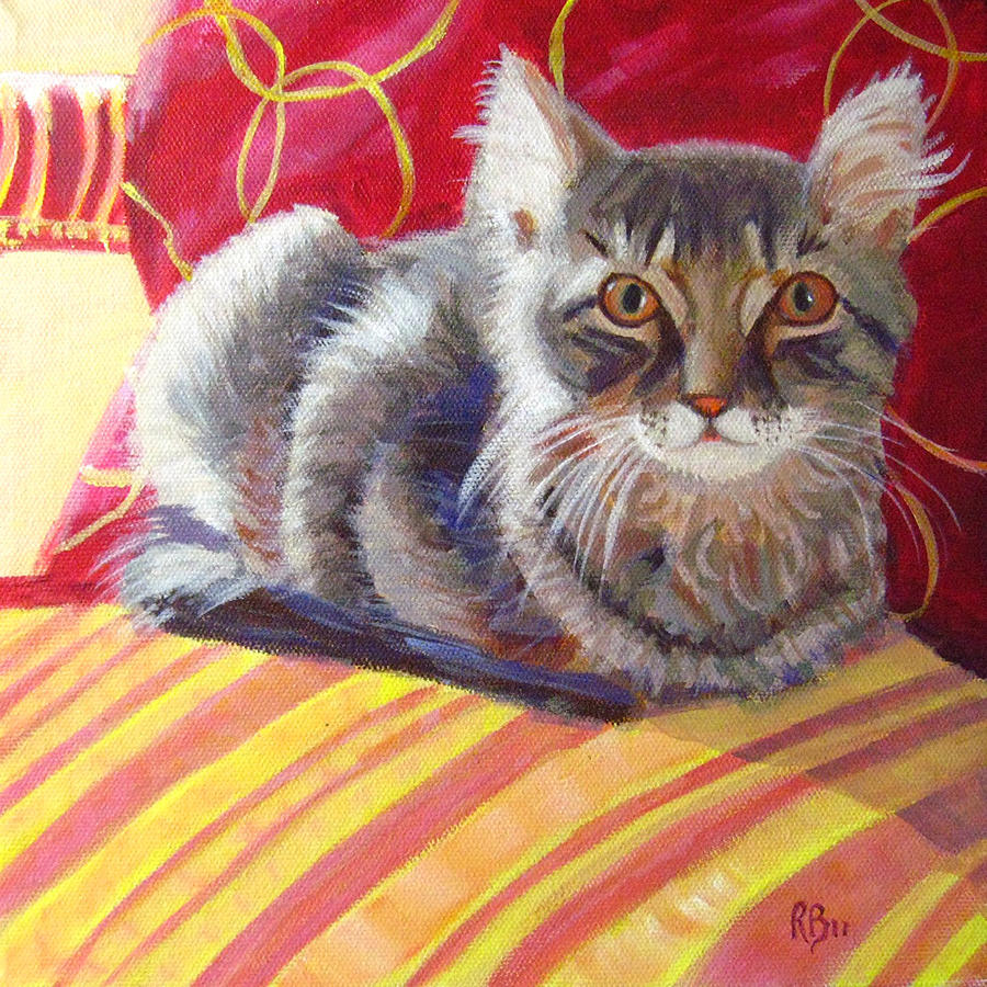 Cat on Red Chair Painting by Robie Benve