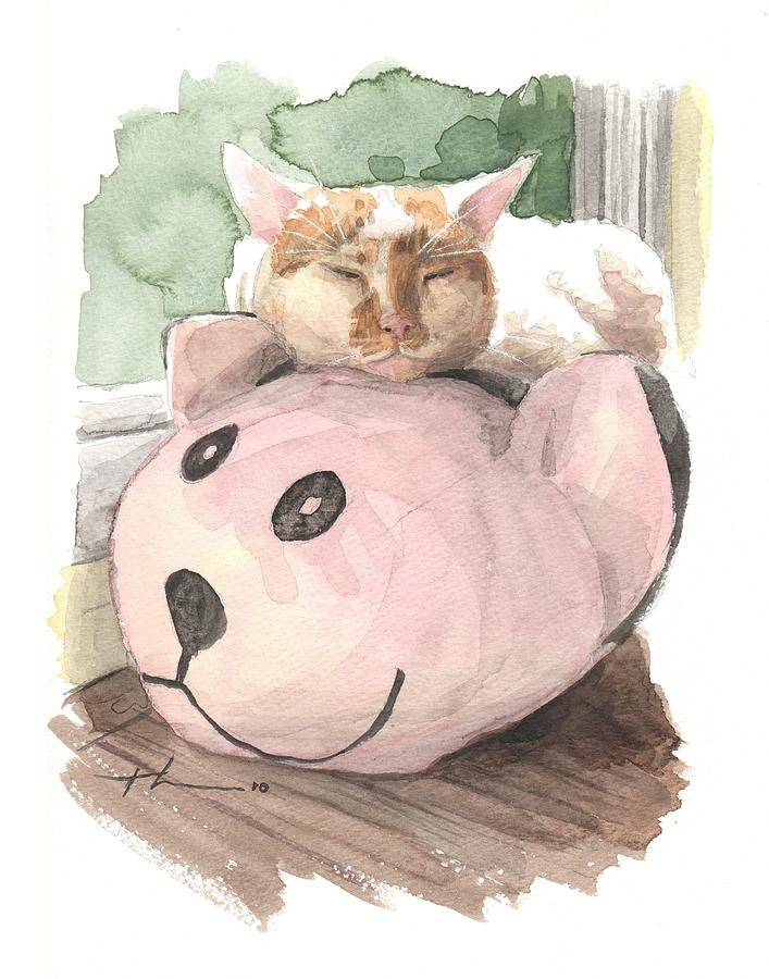 Cat On Stuffed Animal Watercolor Portrait Drawing by Mike Theuer