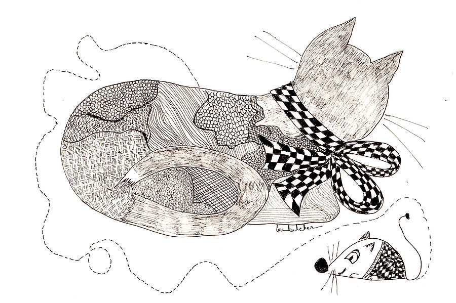 Cat with Bow and Checkers Drawing by Lou Belcher