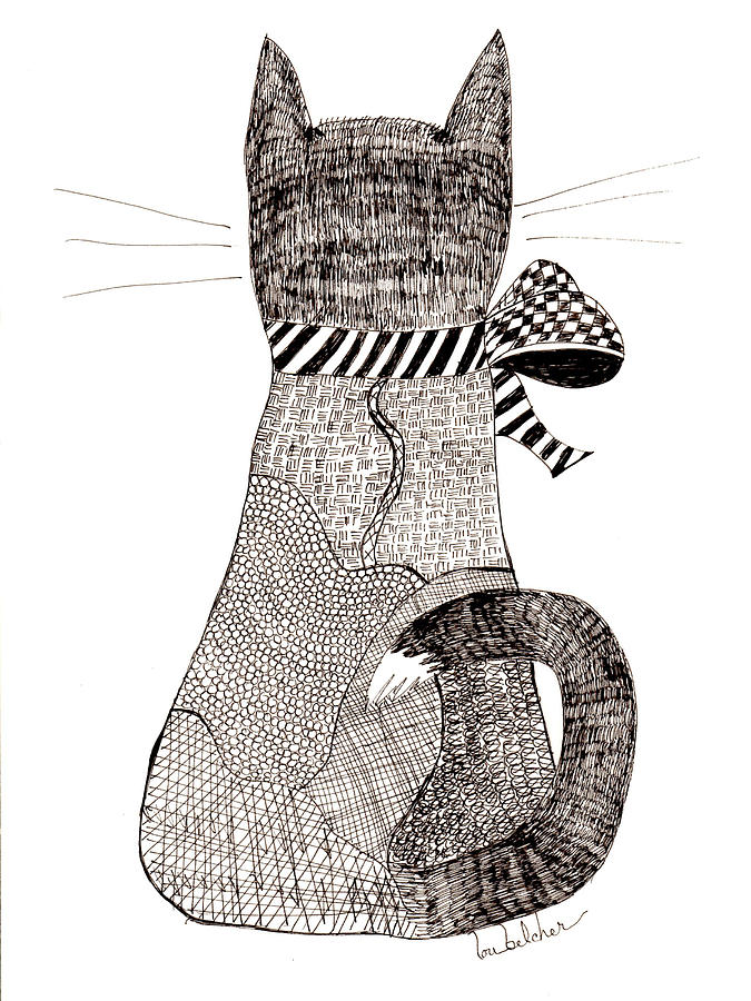 Cat with Bow Drawing by Lou Belcher