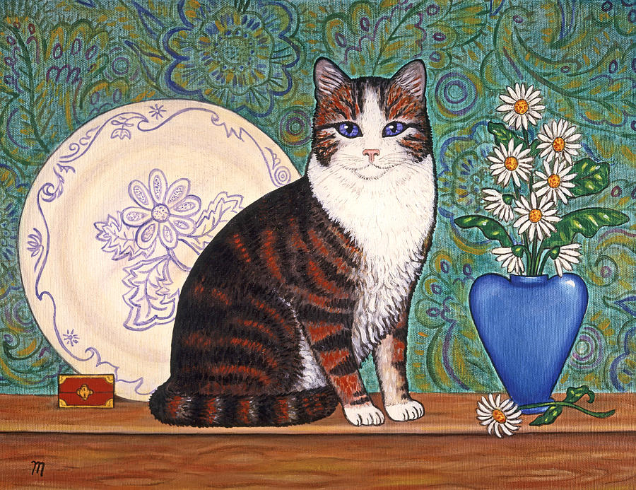 Cat Painting - Cat With Daisies by Linda Mears