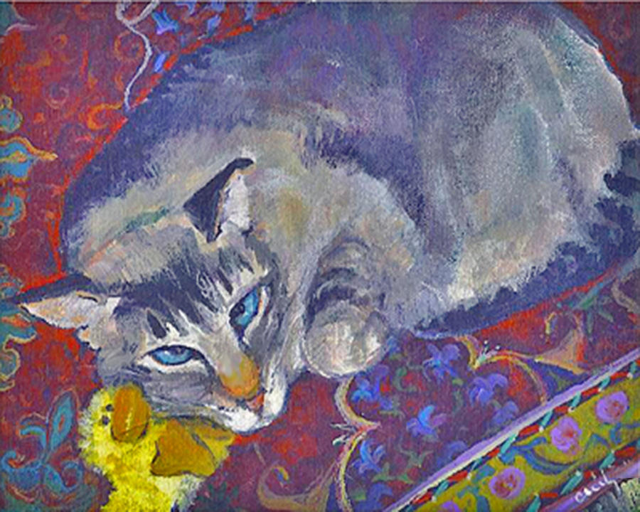 Cat with Duck Toy Painting by Cecily Mitchell
