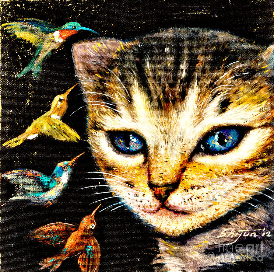 Cat with Hummingbirds Painting by Shijun Munns