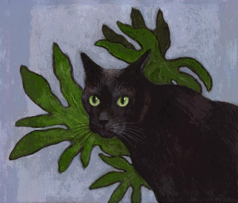 Cat with Japanese Aralia  Painting by Kazumi Whitemoon