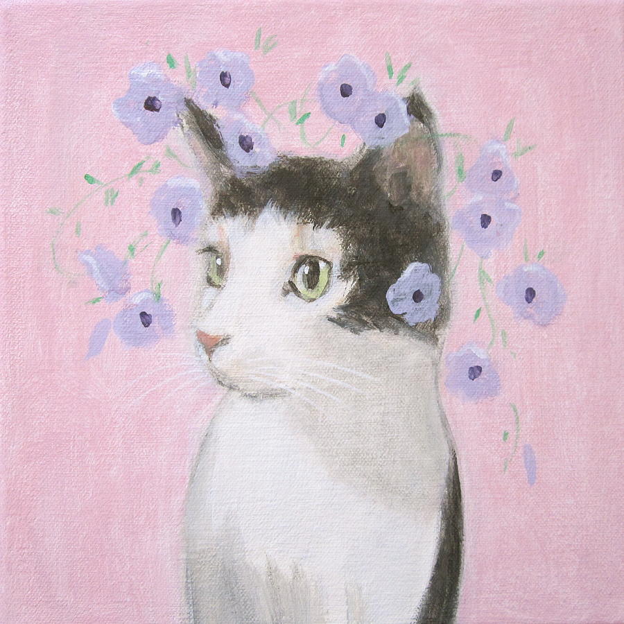 Cat with Purple Flowers Painting by Kazumi Whitemoon