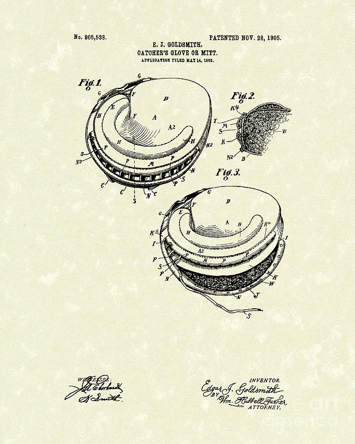 Goldsmith Drawing - Catchers Glove 1905 Patent Art by Prior Art Design