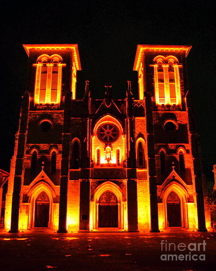 Cathedral of San Fernando at Night in San Antonio Texas Accented Edges Digital Art Digital Art by Shawn OBrien