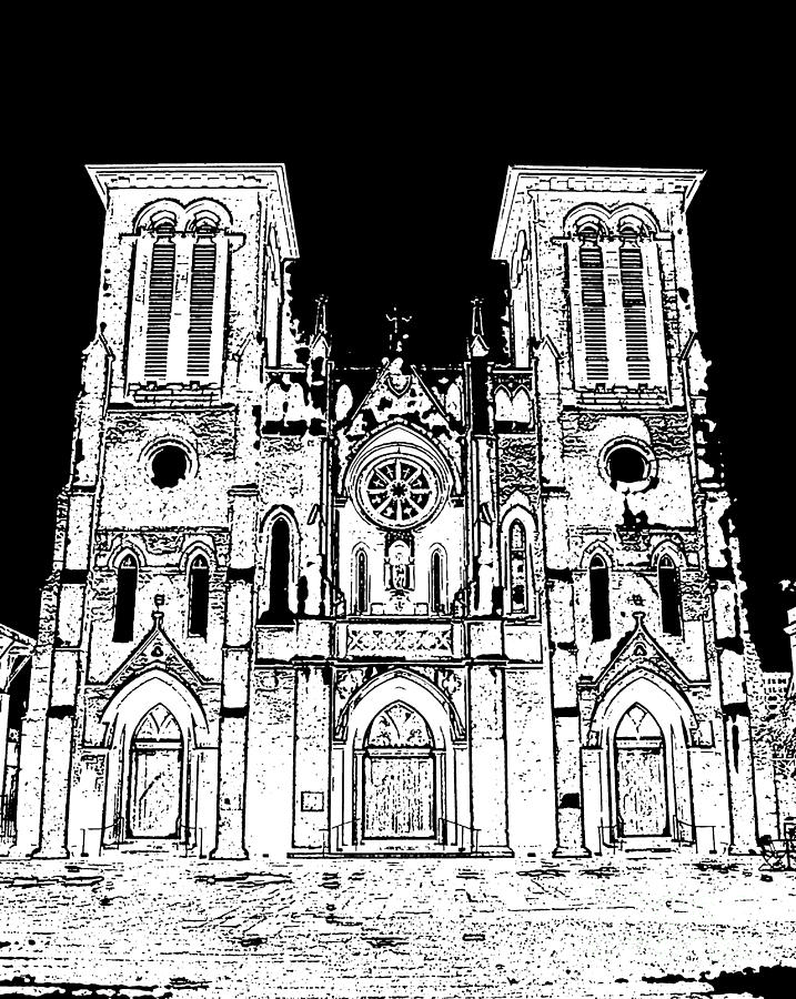 Cathedral of San Fernando at Night in San Antonio Texas black and White Stamp Digital Art Digital Art by Shawn OBrien