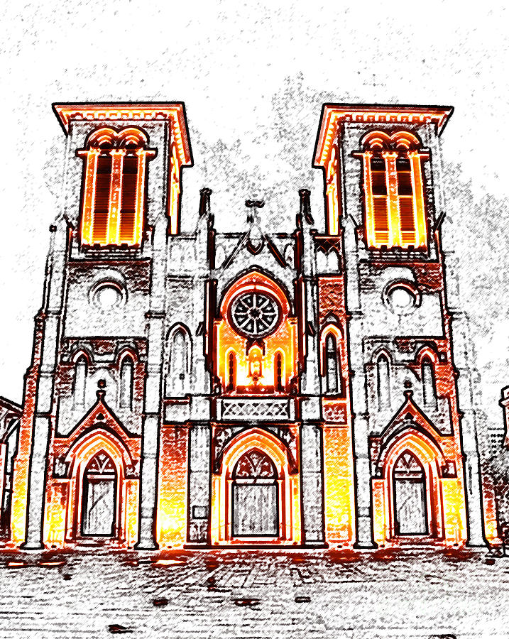 Cathedral of San Fernando at Night in San Antonio Texas Colored Pencil Digital Art Digital Art by Shawn OBrien