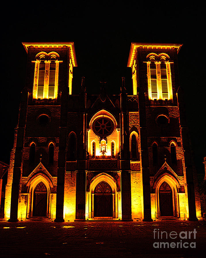 Cathedral of San Fernando at Night in San Antonio Texas Poster Edges Digital Art Digital Art by Shawn OBrien