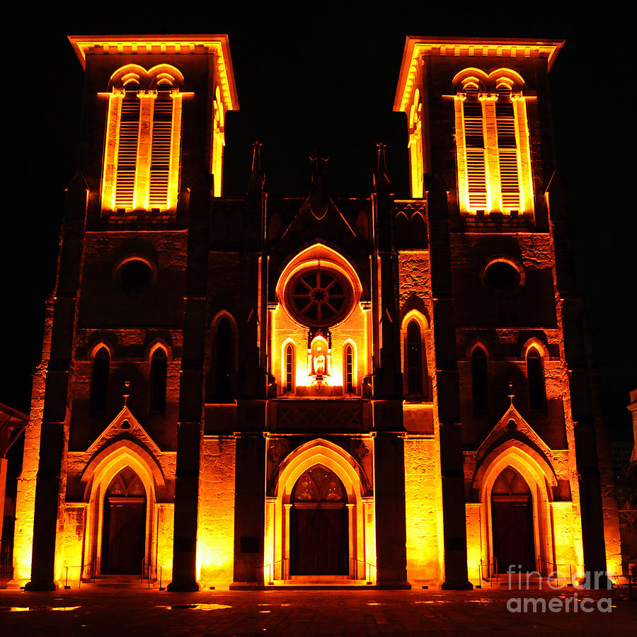 Cathedral of San Fernando at Night in San Antonio Texas Square Format Photograph by Shawn OBrien