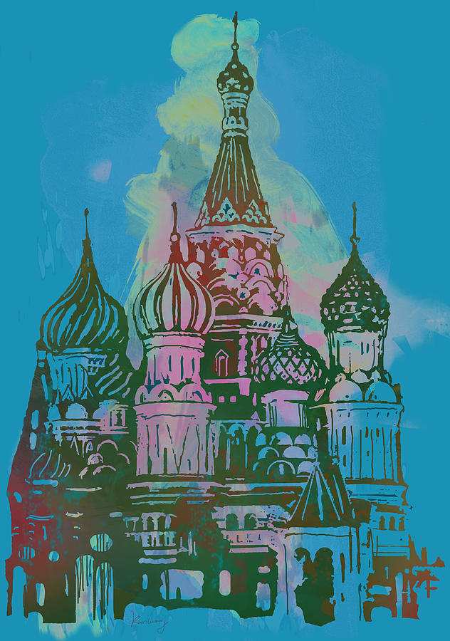 Cathedral Of St. Basil Drawing - Cathedral of St Basil  Kremlin Moscow  - pop stylised art poster  by Kim Wang