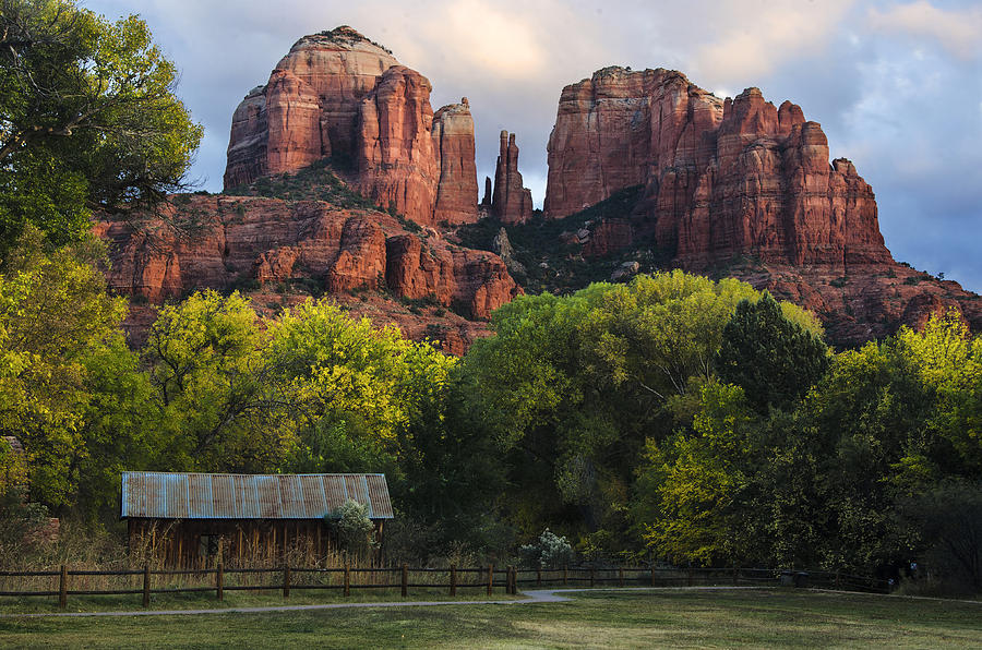 Cathedral Rock with Fall Colors and Rustic Building Photograph by Dave Dilli