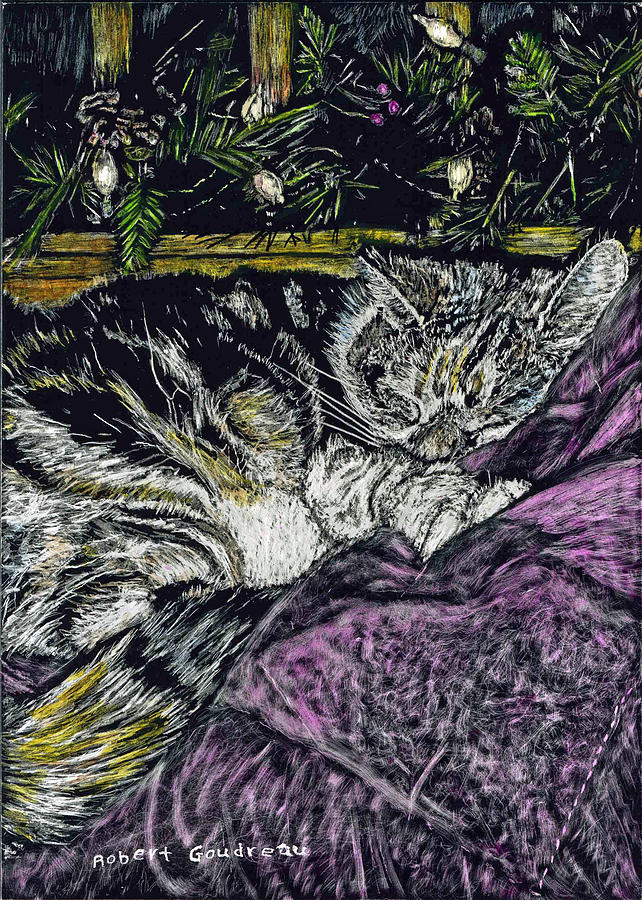 Christmas Painting - Catnap by Robert Goudreau Christmas Painting - Catnap by Robert Goudreau