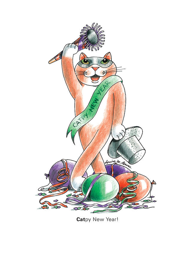 Cat Drawing - CATpy New Year by Louise McClain Reeves