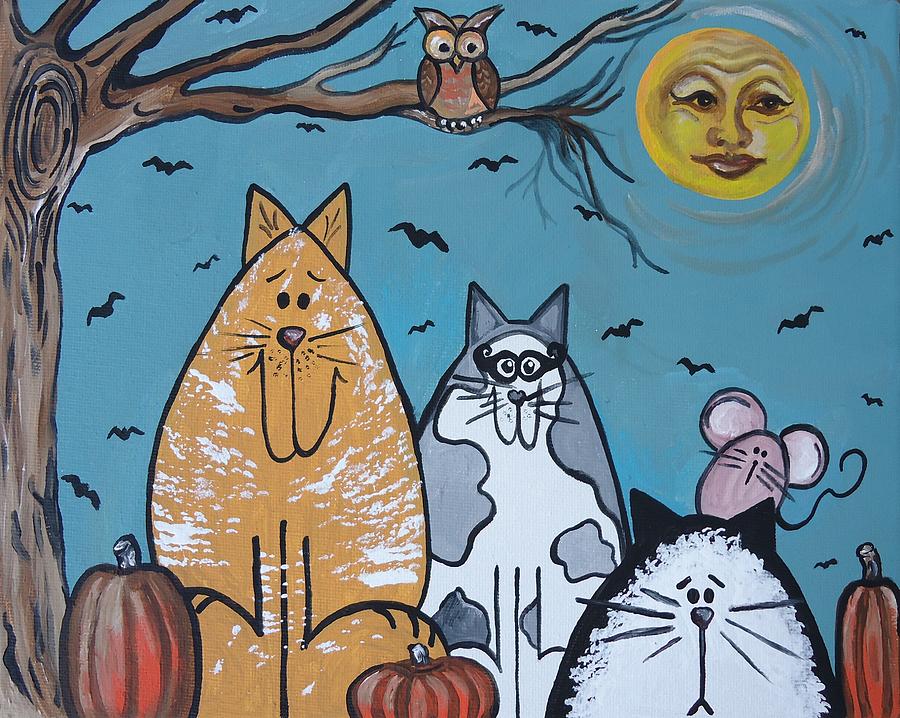 Cats and Harvest Moon Painting by Leslie Manley