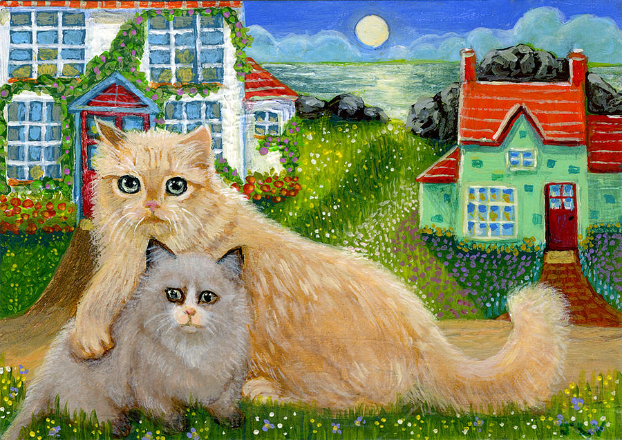 Cats at Ocean Sunset Maine Painting by Jacquelin L Westerman