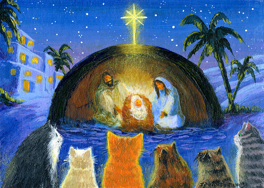 Cats at the Nativity Painting by Jacquelin L Vanderwood Westerman