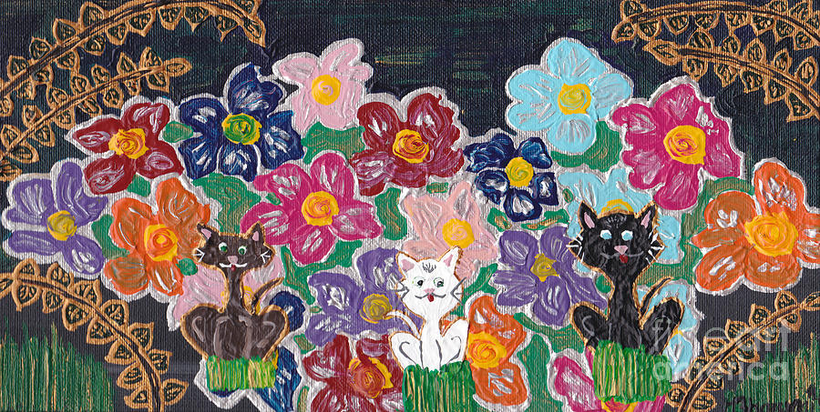 Cat Painting - Cats Hidden in the Flowers by Melissa Vijay Bharwani